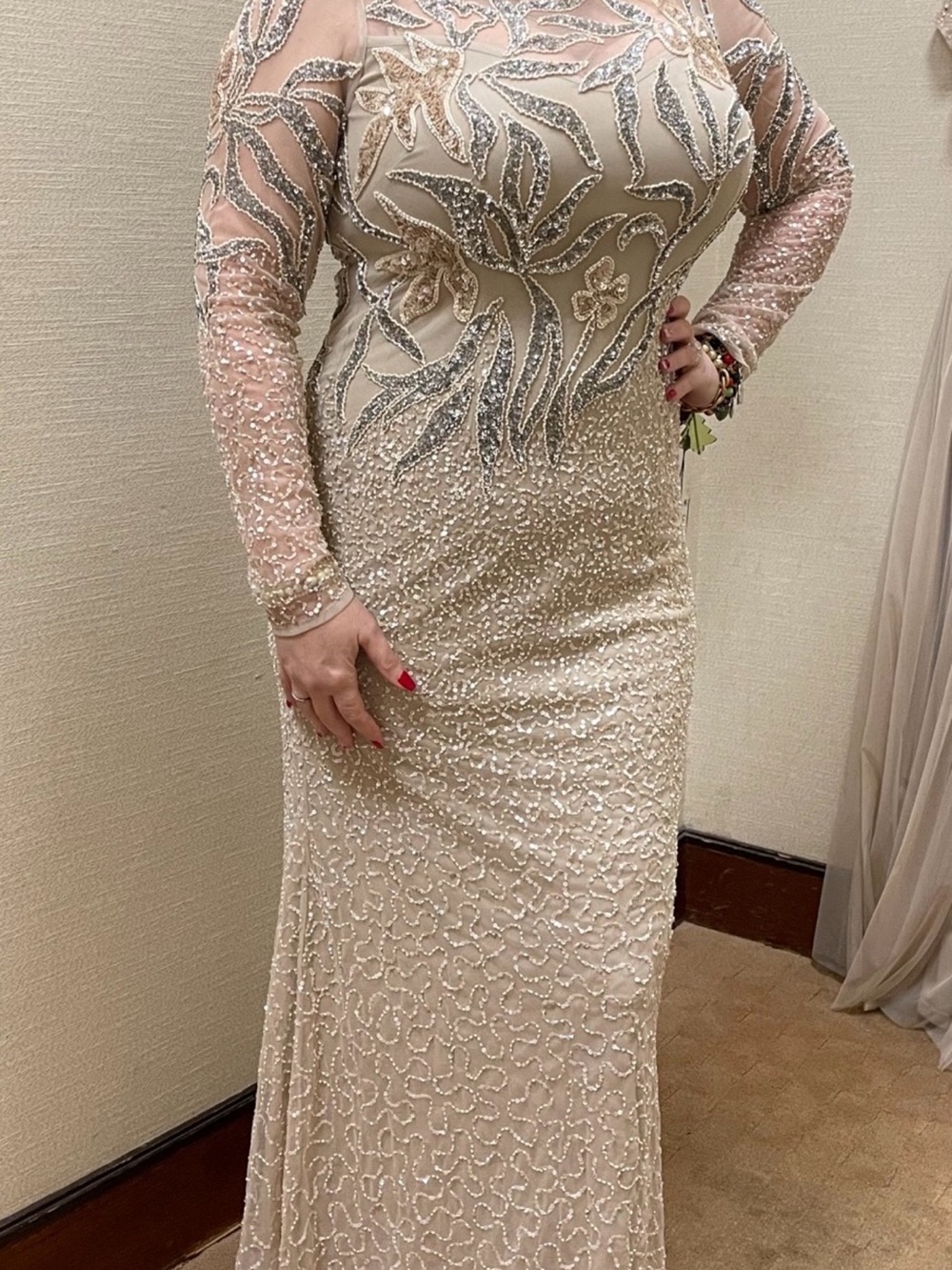 Adrianna Papell Nude Beaded Long Sleeve Evening Gown